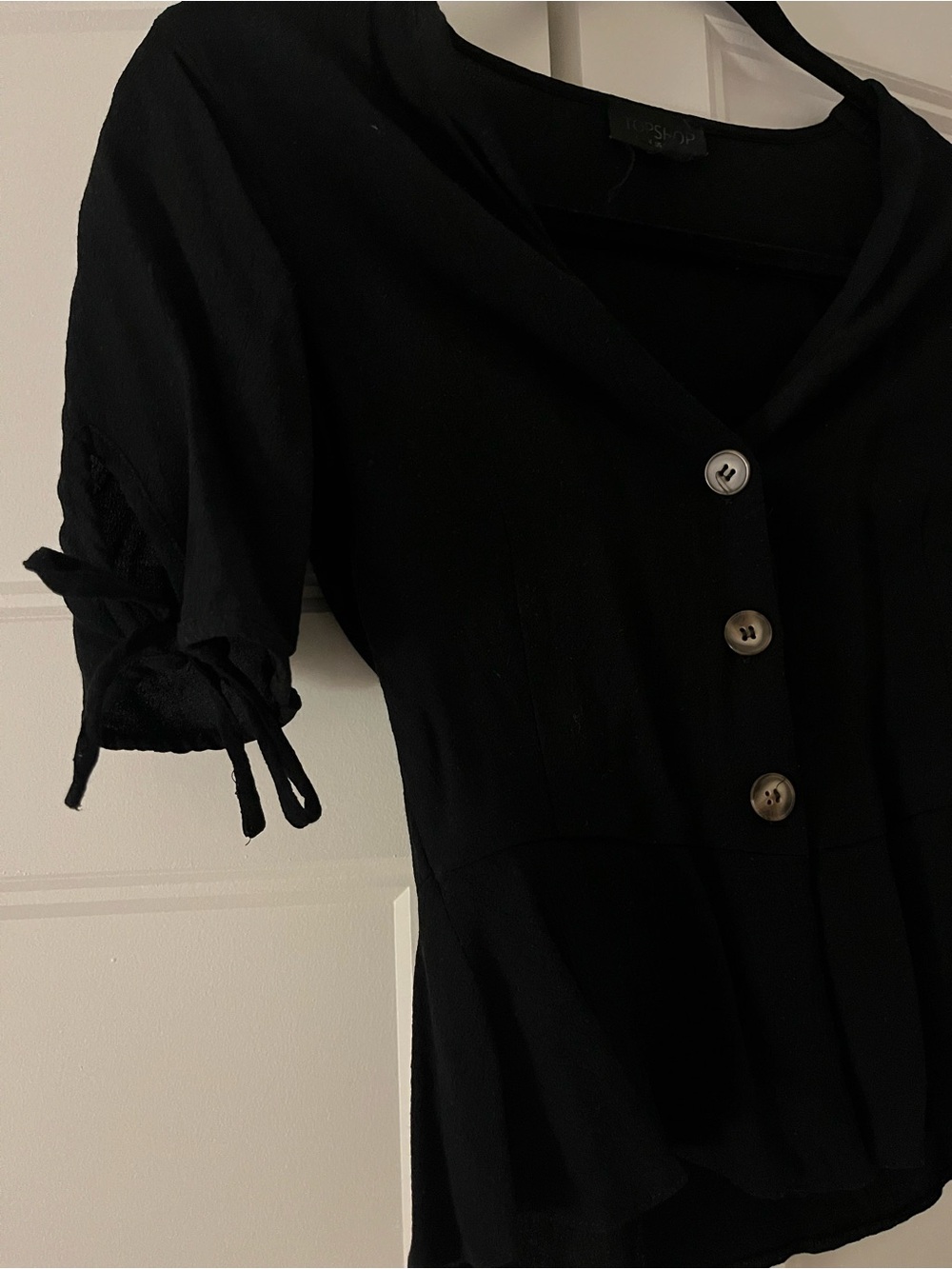 Topshop Black Button-Front Blouse with Tie Sleeves - Picture 2 of 3